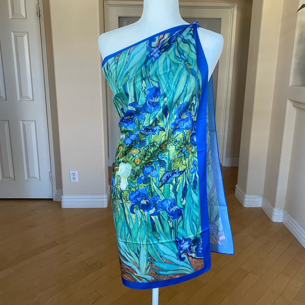 Vibrant Blue 100% Silk Floral Wrap Sarong Scarf Wall Art